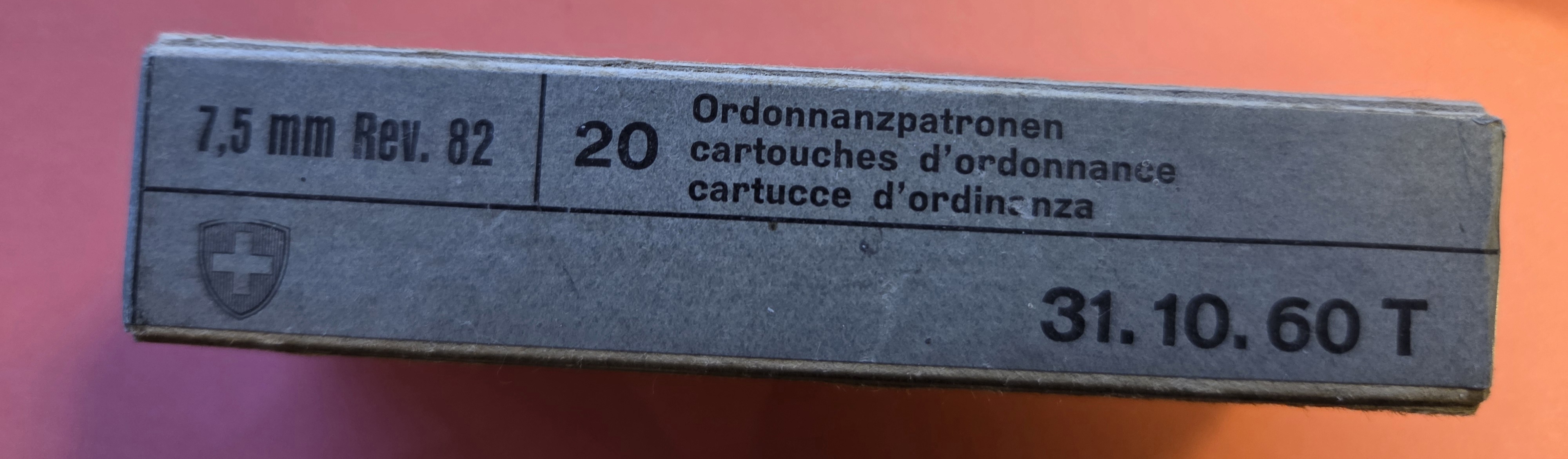 Schweizer Ordonnanzmunition 7,5 mm Revolver 82 – 20 Schuss, Originalschachtel 1960
