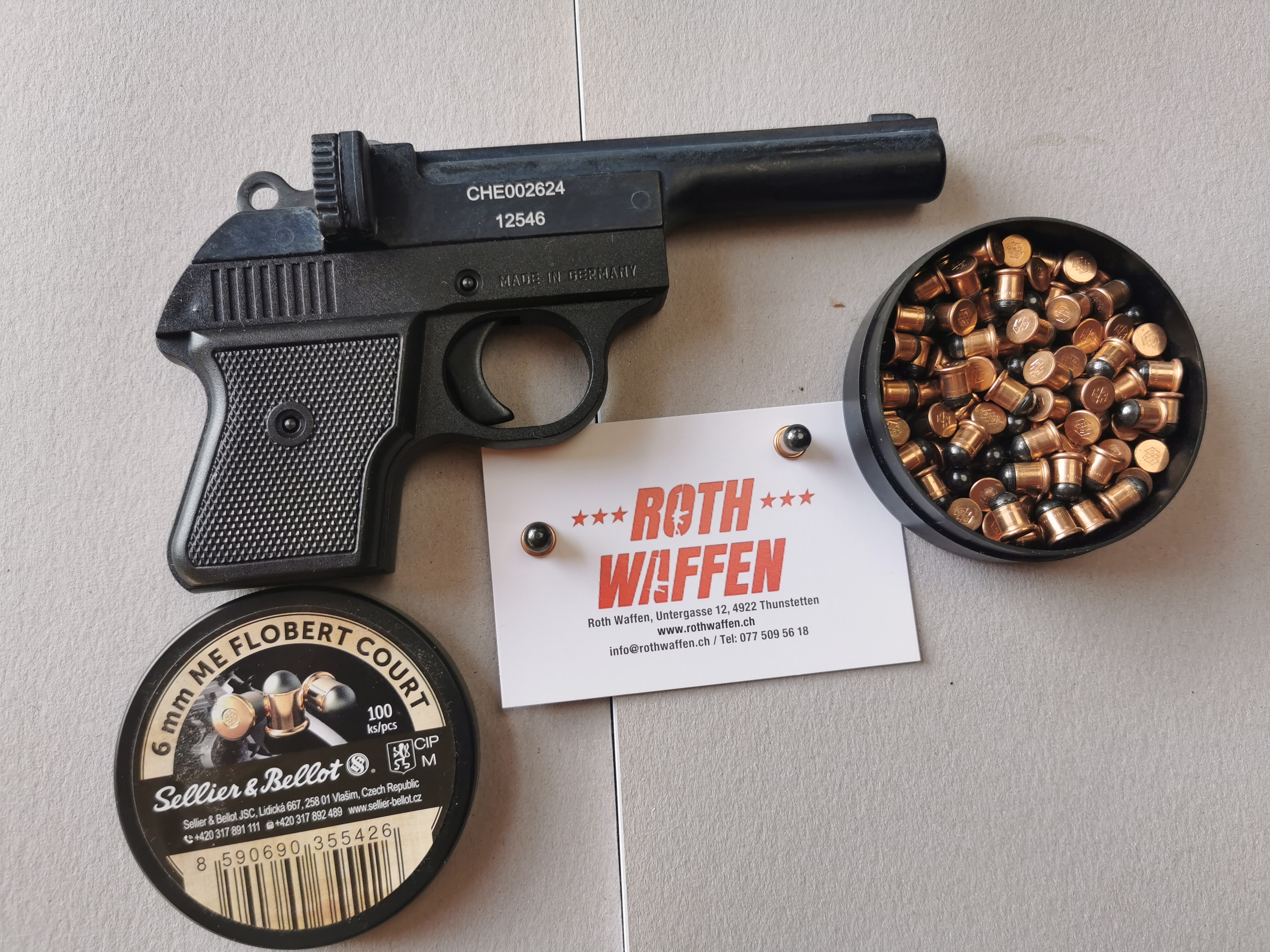 Set Record Einschüssige Kaninchen-Pistole Kal. 6 mm Flobert, inkl. 100 Schuss 6mm Flobert Munition