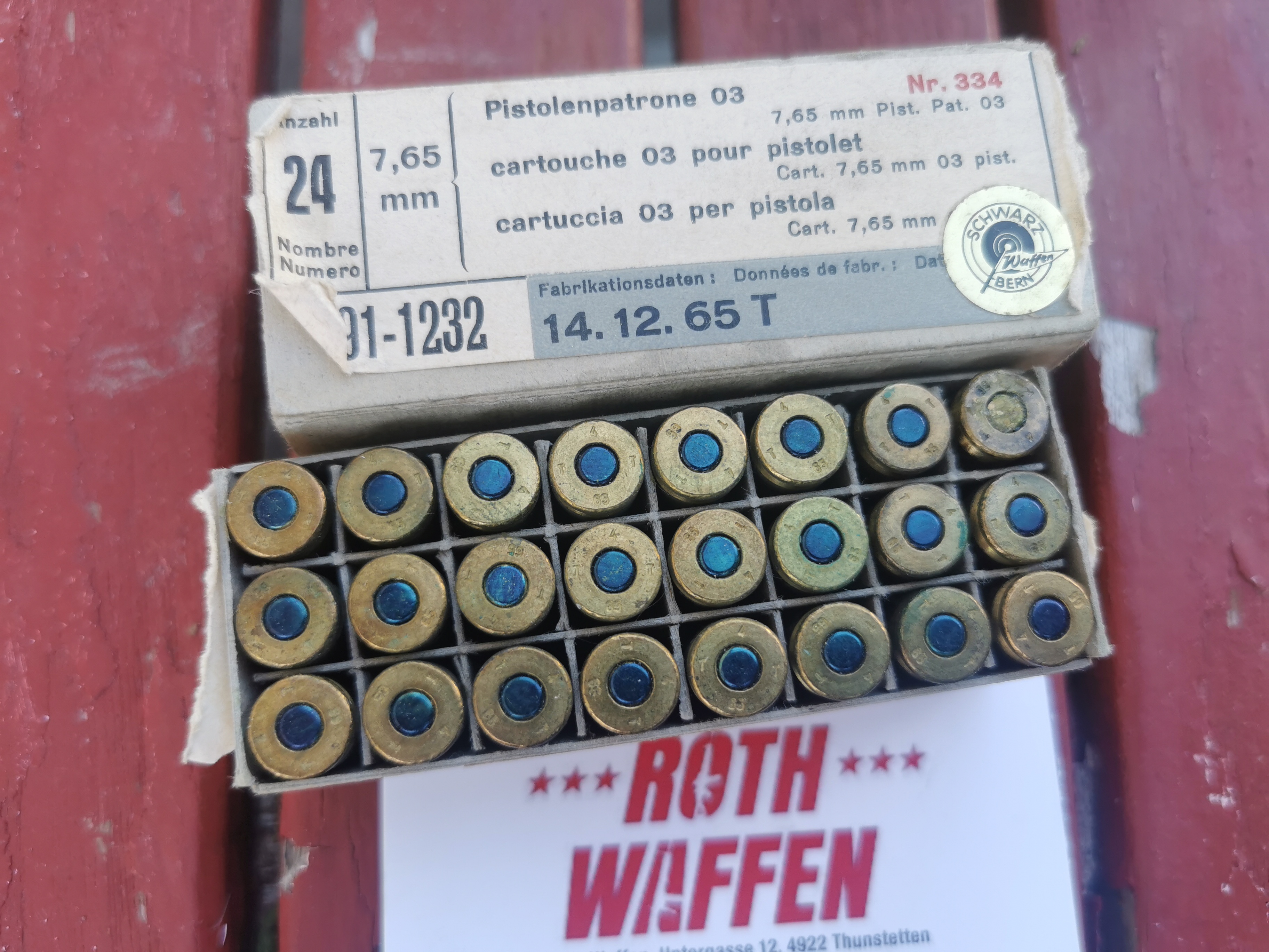 Original Occasion Pistolenpatrone 03 Kaliber 7.65mm Nr. 334, 24 Schuss