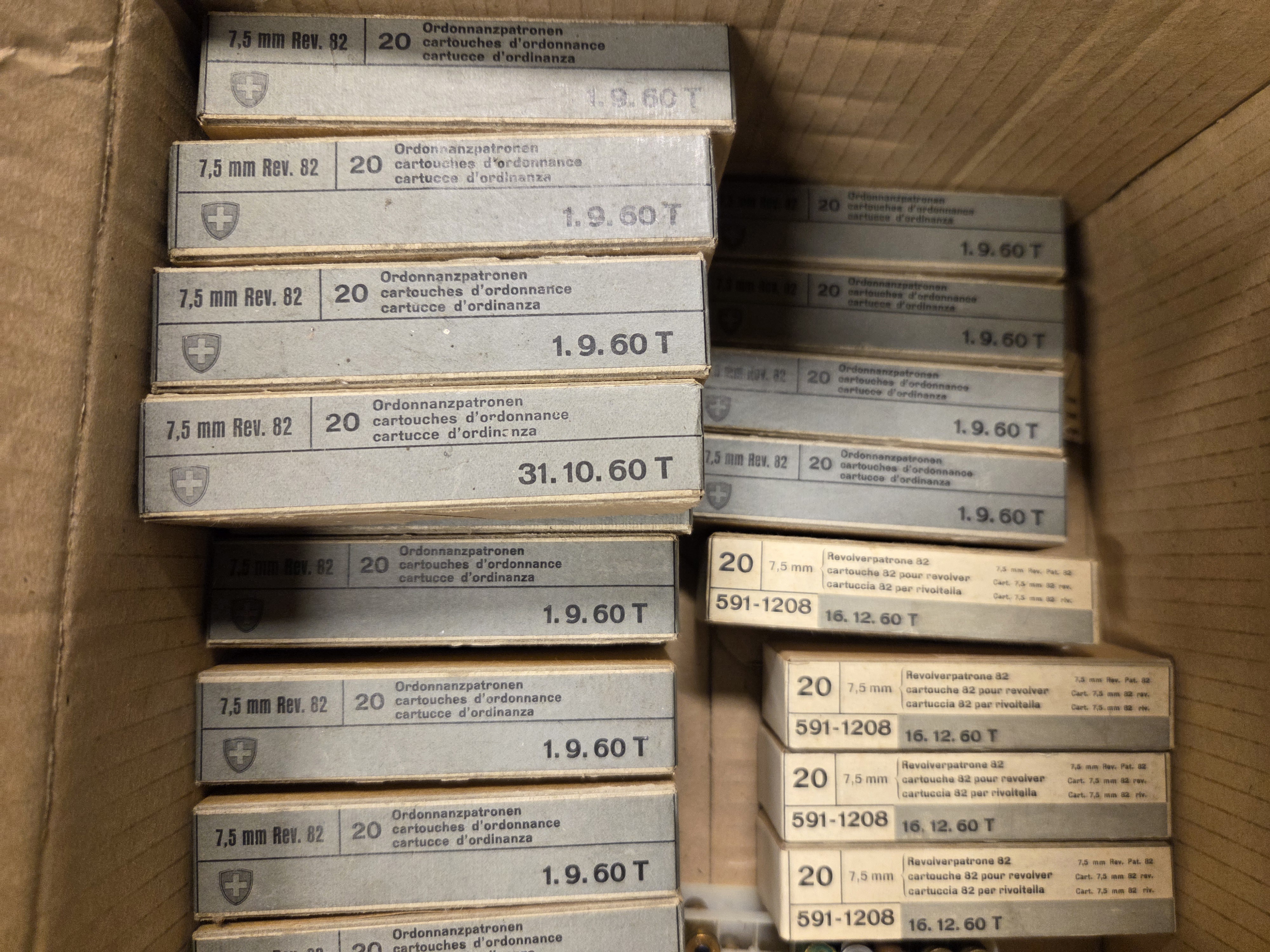 Schweizer Ordonnanzmunition 7,5 mm Revolver 82 – 20 Schuss, Originalschachtel 1960