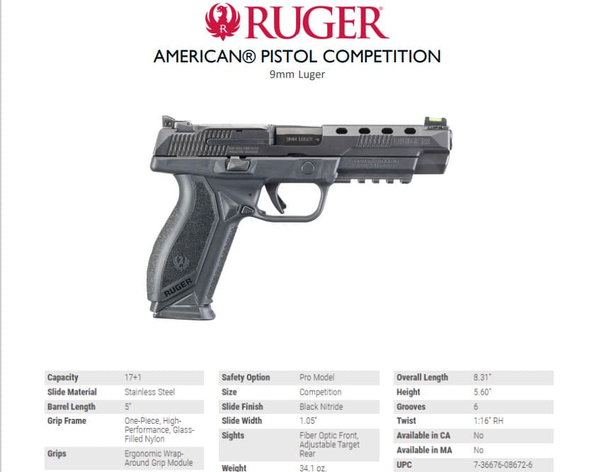  Pistole Ruger AMERICAN® PISTOL COMPETITION, Black Nitride, Kaliber 9mm Para