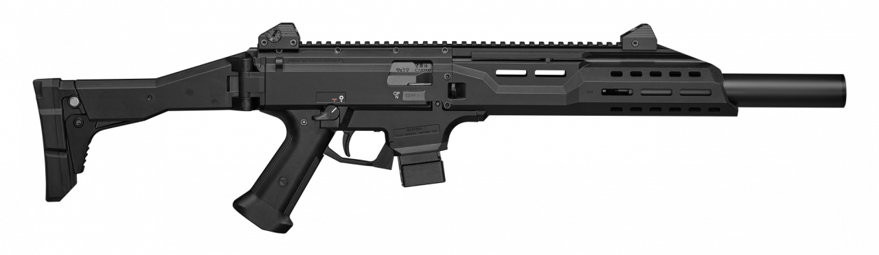 Halbautomat CZ Scorpion EVO 3 S1 Carbine schwarz, Fake-Schalldämpfer 9mm Para, Gesamtlänge 631mm