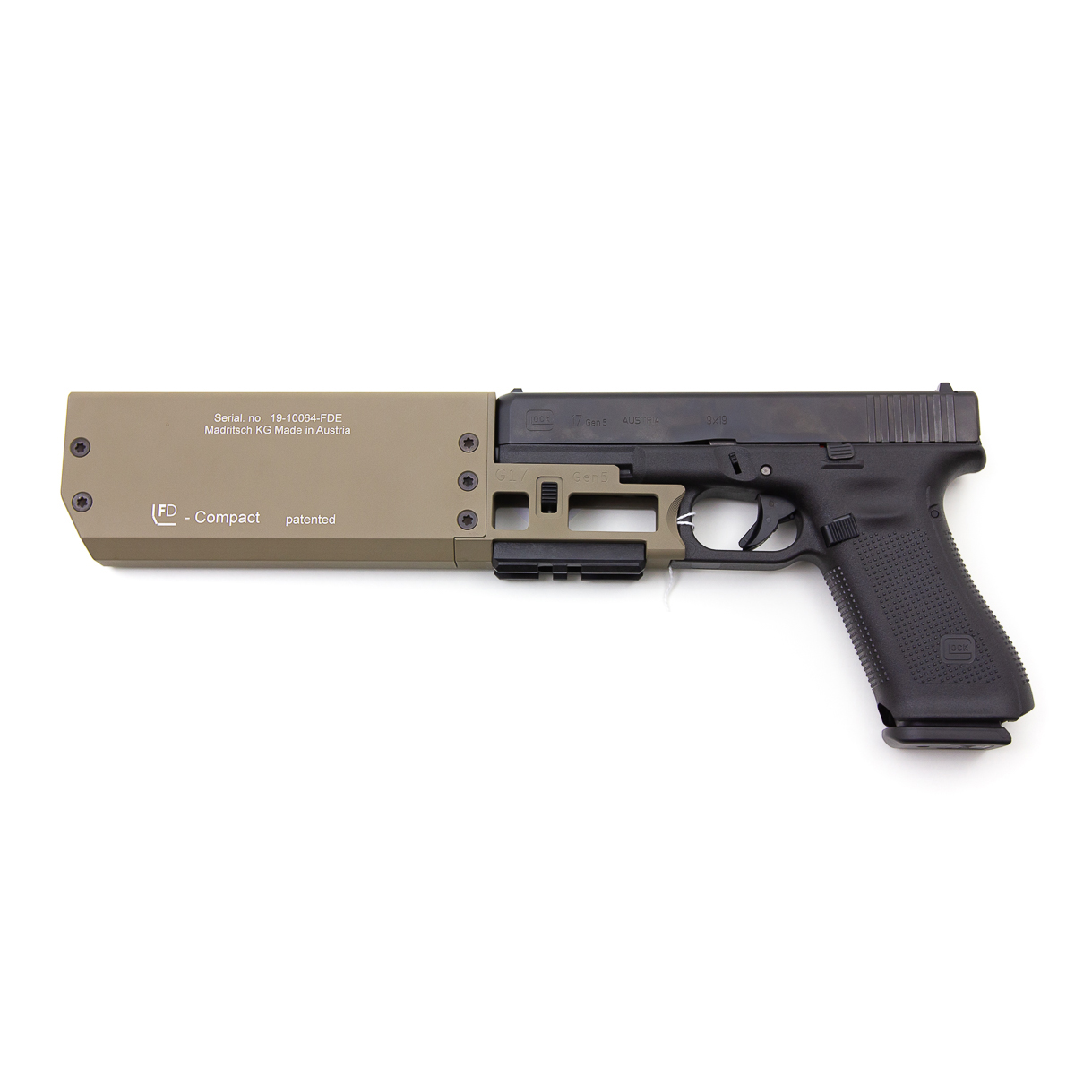 Schalldämpfer Fischer Development FD919 Compact FDE für Glock 19 Gen 3 und 4, 9 mm Para