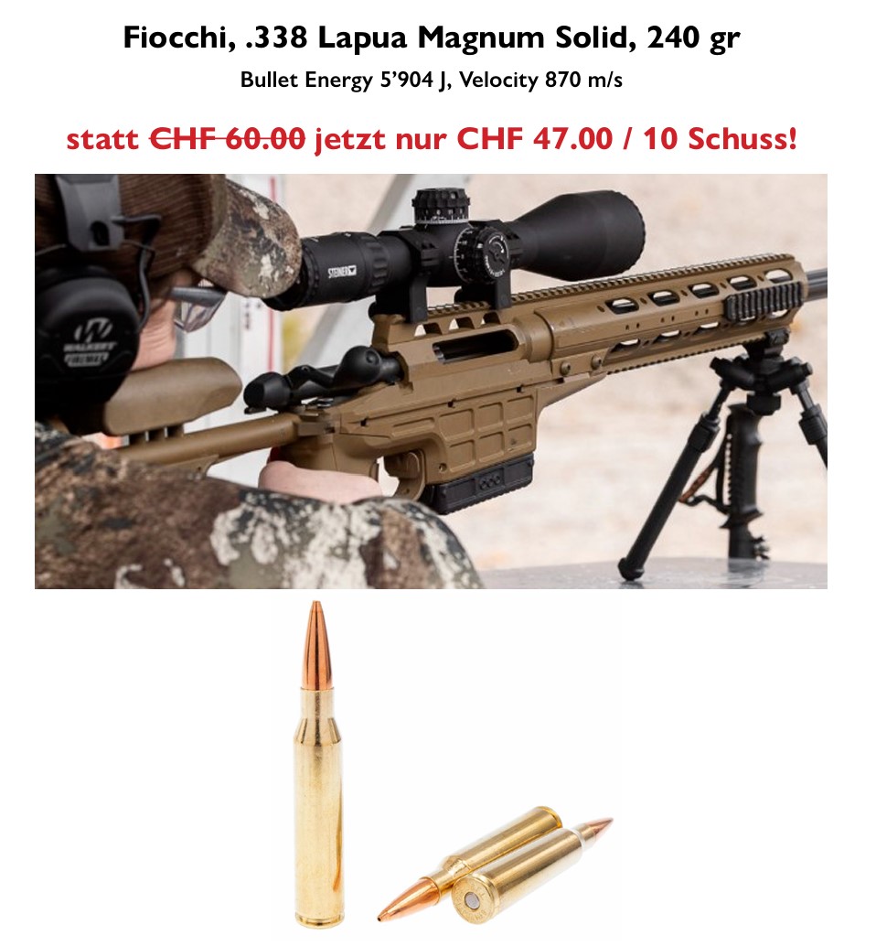 Sepzialangebot Fiocchi, .338 Lapua Magnum Solid, 240 gr  Bullet Energy 5’904 J, Velocity 870 m/s / 10 Schuss